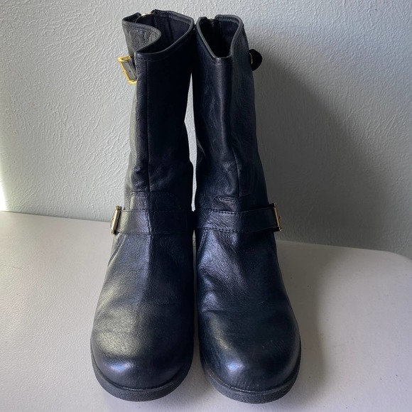 Steve Madden Enngage Black Leather Mid Calf Boots Moto Style Gold Women's Size 8 - Picture 8 of 16